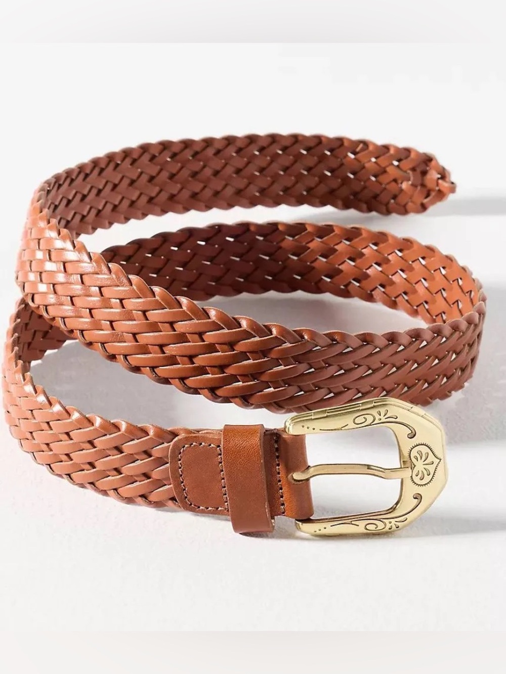 NWT Anthropologie Western Buckle Woven Belt in Tan/Gold Size XS